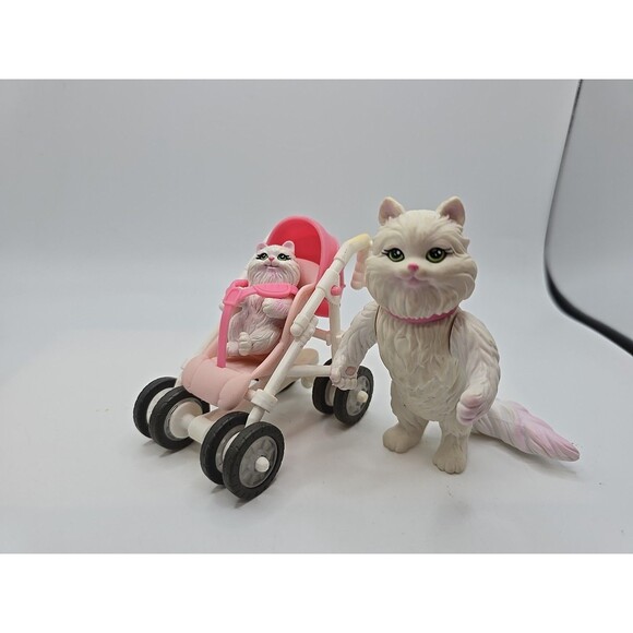 Barbie Posh Pets White Persian Cat Mother w/Baby Kitten Stroller Mattel 2003 - Picture 1 of 4
